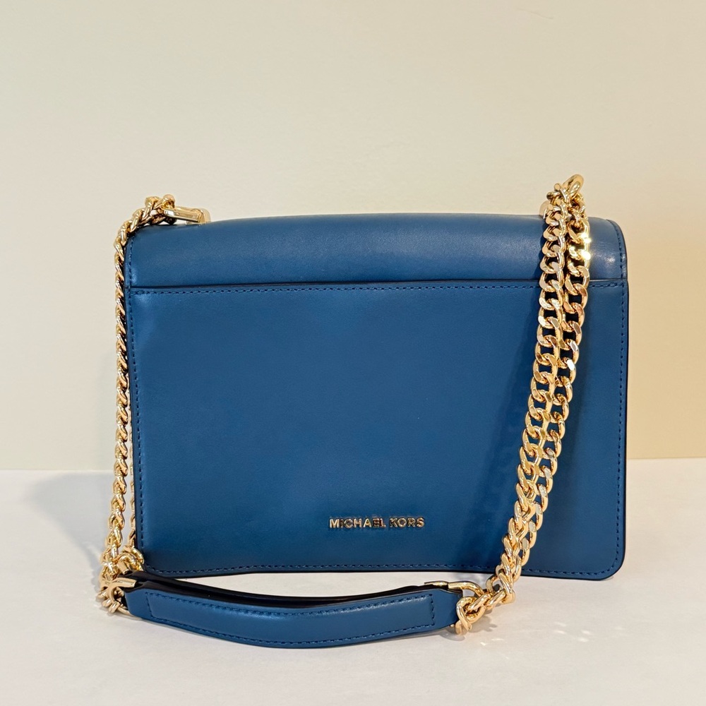 Michael Kors Jade Gusset Leather Shoulder Bag Blue Gold Chain Crossbody Shoulder - Picture 3 of 16